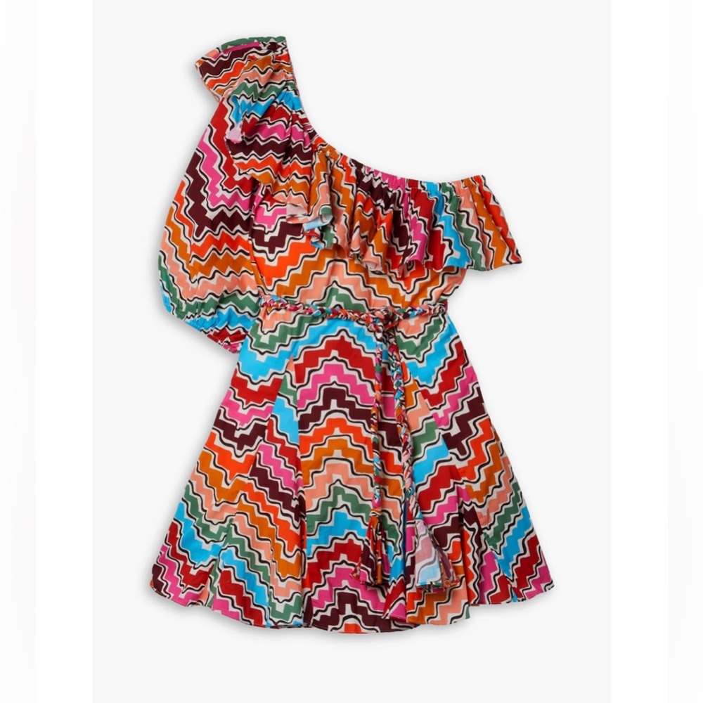 Rhode Ozzie one-sleeve belted striped cotton-poplin mini dress